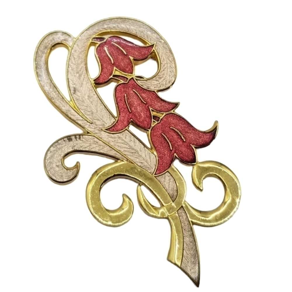 Enamel Pin Brooch Flower Lily Gold Tone Cloisonne Pink Sweeping Vines Costume